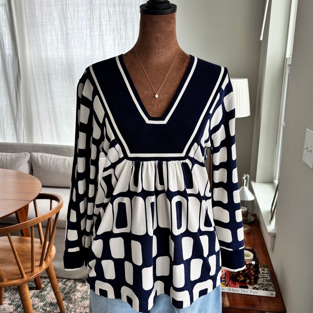 2000s‎ Vintage August Silk Blend Geometric 70s Style Top Navy Blue White Medium